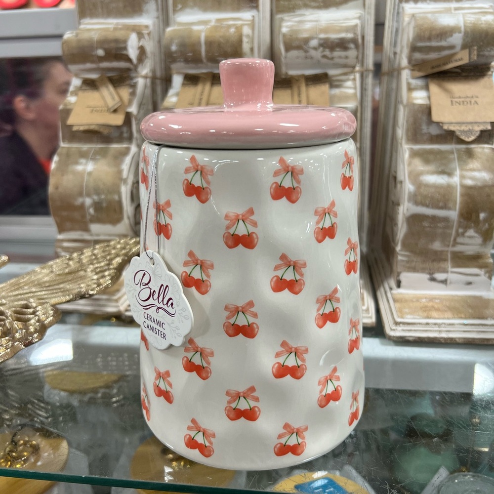 Valentine’s Day Pink Bows & Red Heart Cherries Print Ceramic Canister Jar Bella